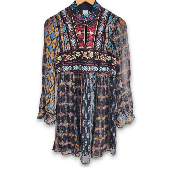 Anthropologie Akemi + Kin Sheria Metallic Embroidered Boho Dress Black Motif - Picture 3 of 10